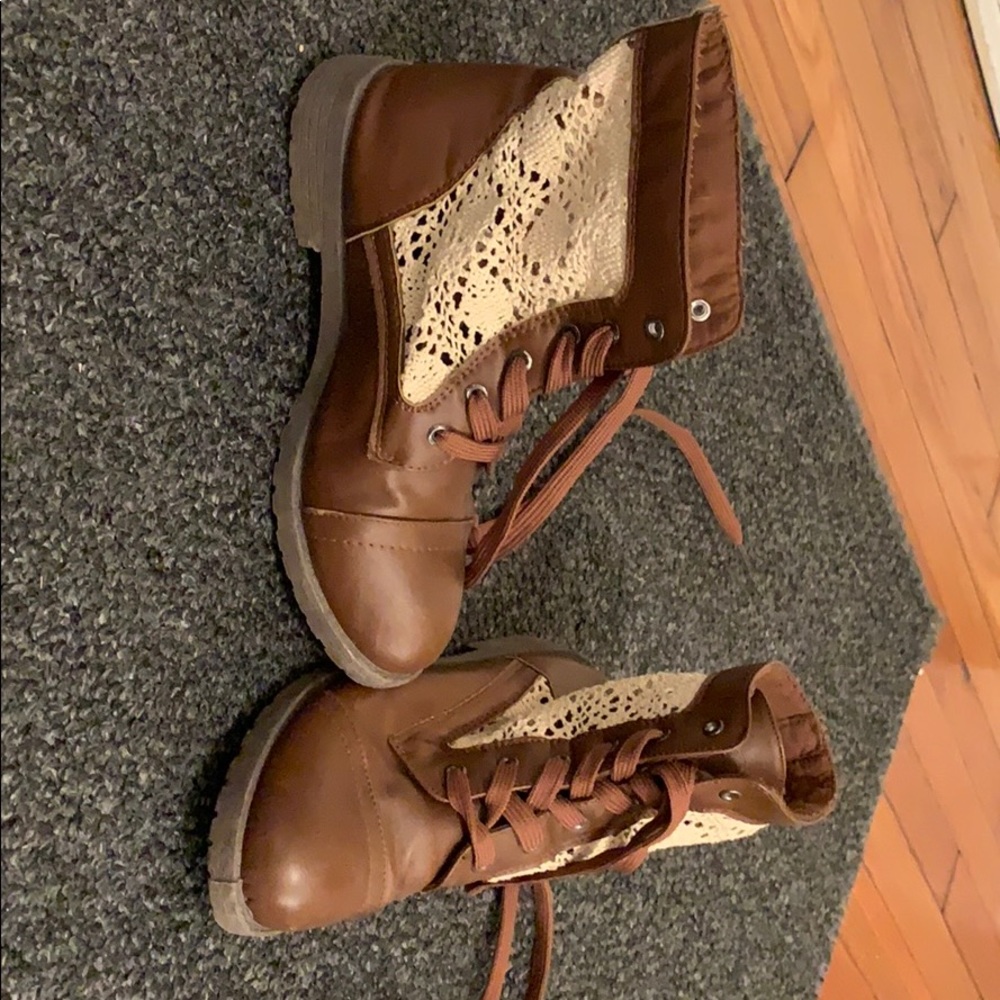 Brown lace up boots with cream lace on side